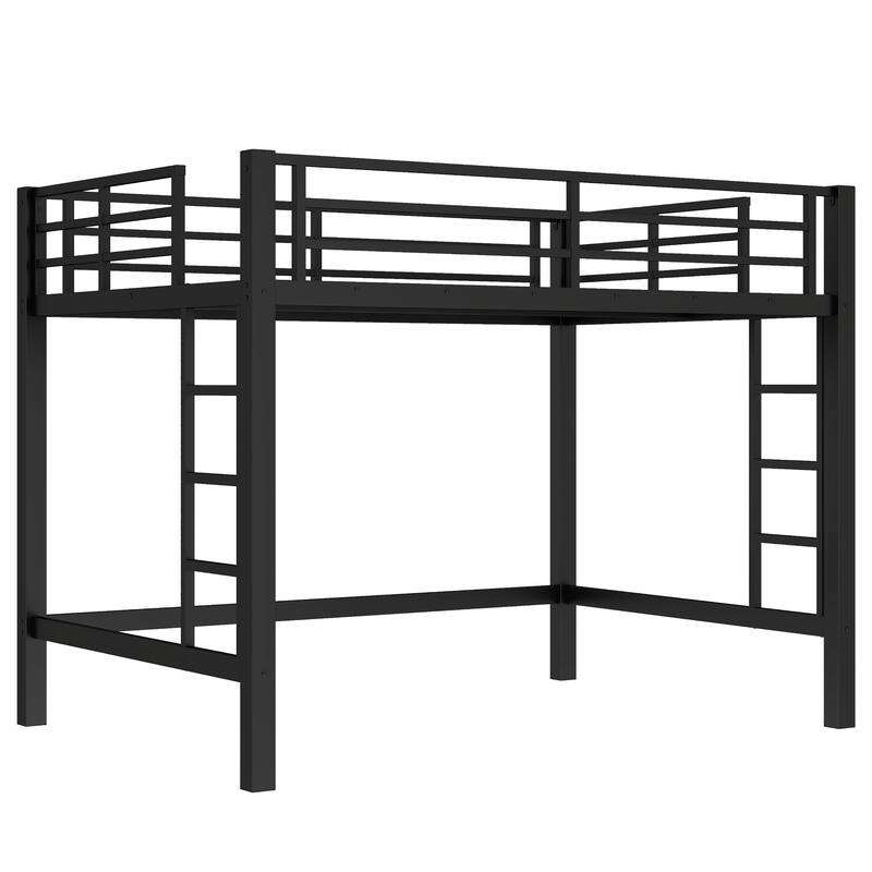 Full Size Metal Loft Bed, Loft Bed with Easy Climbing Ladder and Guardrails , Black