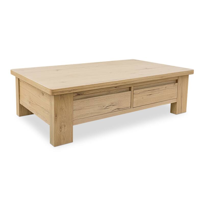 NADAAL STUDIOS Mareth Coffee Table, Rectangular Rustic Oak Top with Rounded Edge, Solid Oak Legs Dual-Sided Drawers, Natural