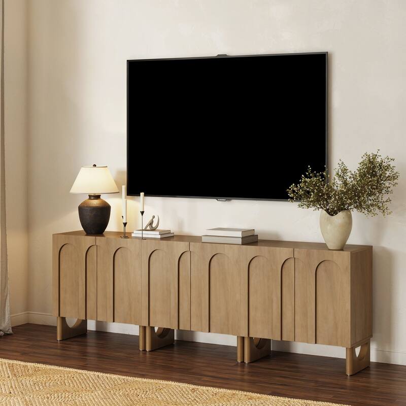 Jett Mid Century Modern Wood Credenza Storage Cabinet, Modular Arched Door Cabinet with Solid Wood Legs