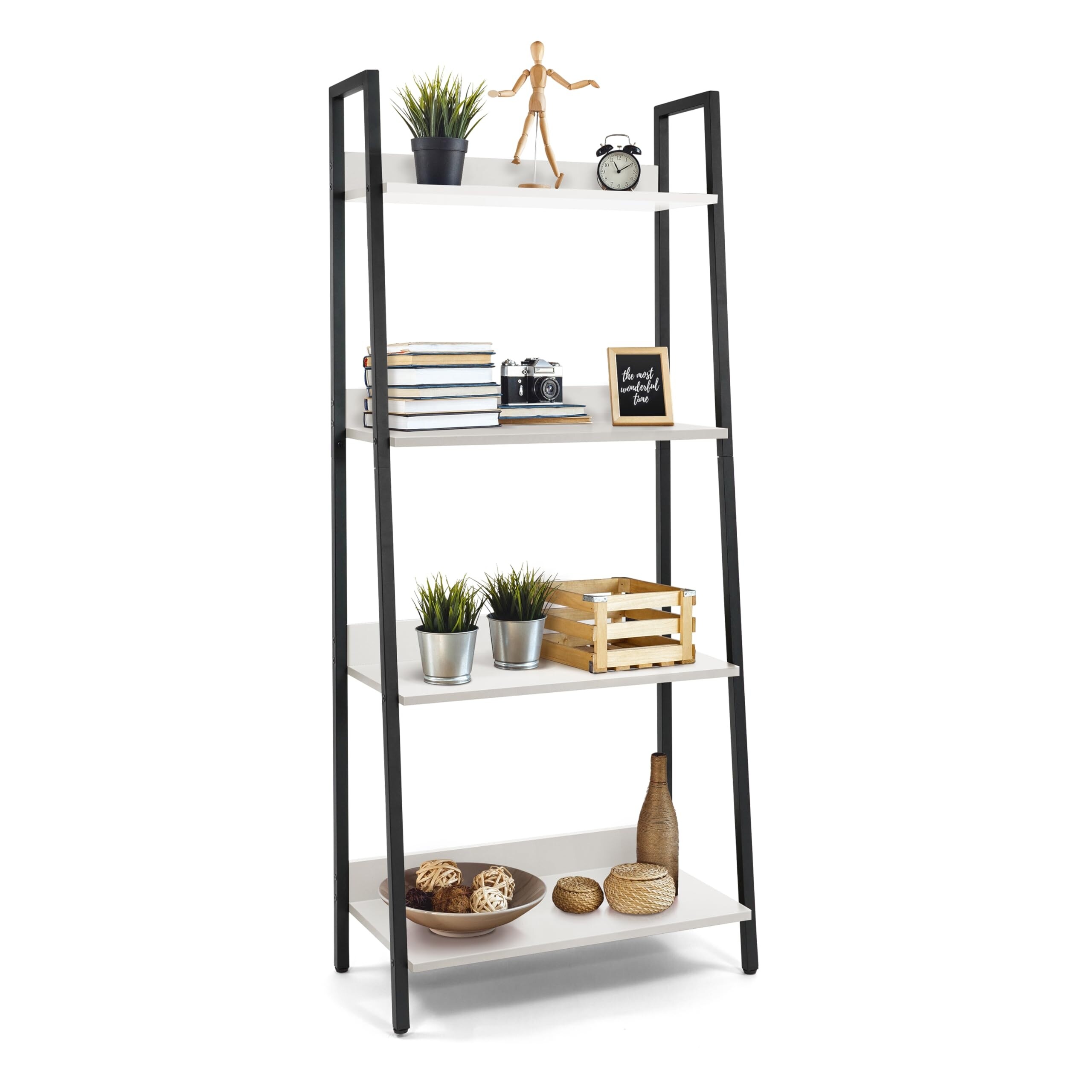 4 Tier Ladder Bookshelf, 24 Inch Width Free Standing Shelf, Bookcase Shelf Storage Rack Organizer, Dark Grey Wooden Shelves