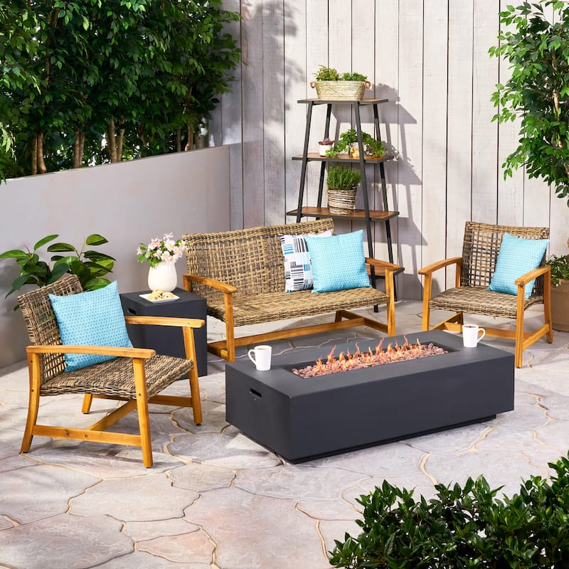 Augusta Outdoor Acacia Wood and Wicker 4 Seater Chat Set with Fire Pit by Christopher Knight Home