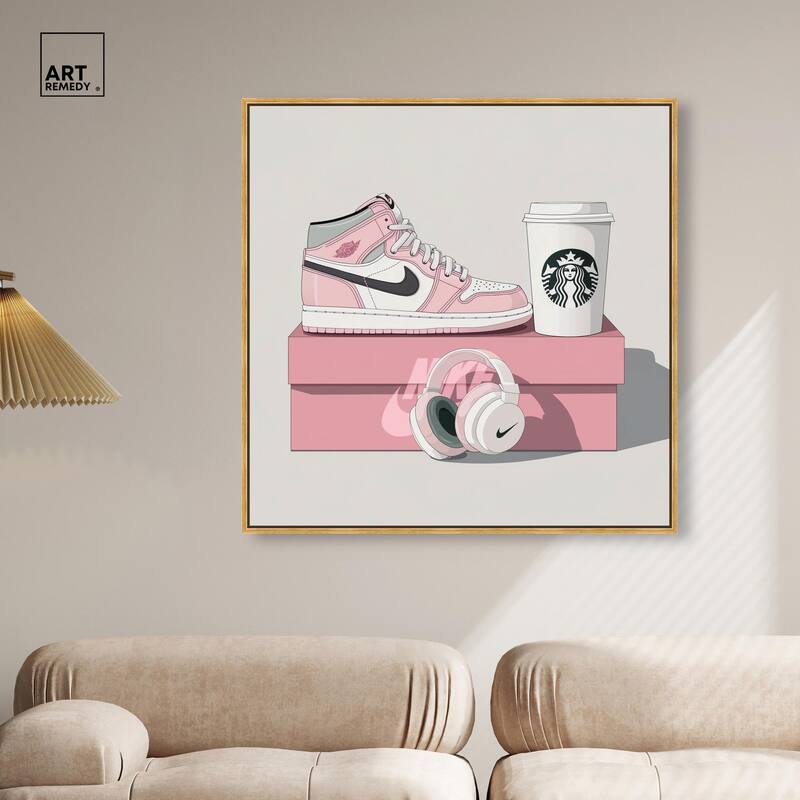 Pink Sneaker and Headphones Canvas by Art Remedy
