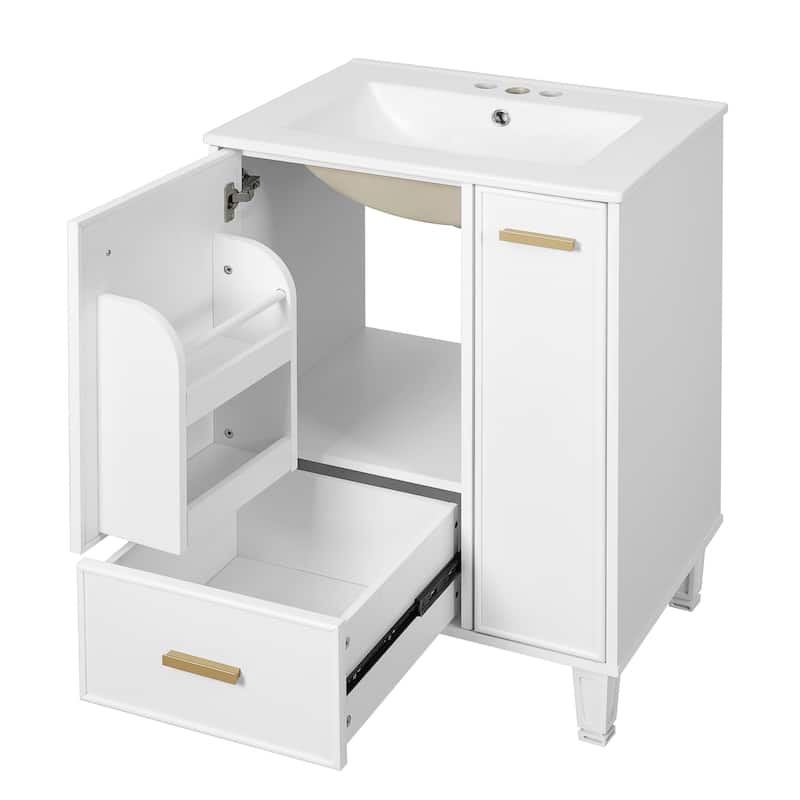 24"Bathroom Vanity with Sink, Bathroom Cabinet with Door Shelf, Deep Drawer, 2-Tier Pull-Out Basket, Solid Wood and MDF Board