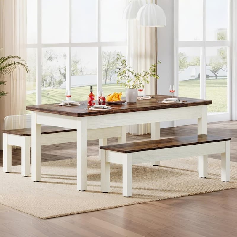 Farmhouse Wood Kitchen Table Set, 55-Inch Dining Table with 2 Benches - White&Brown