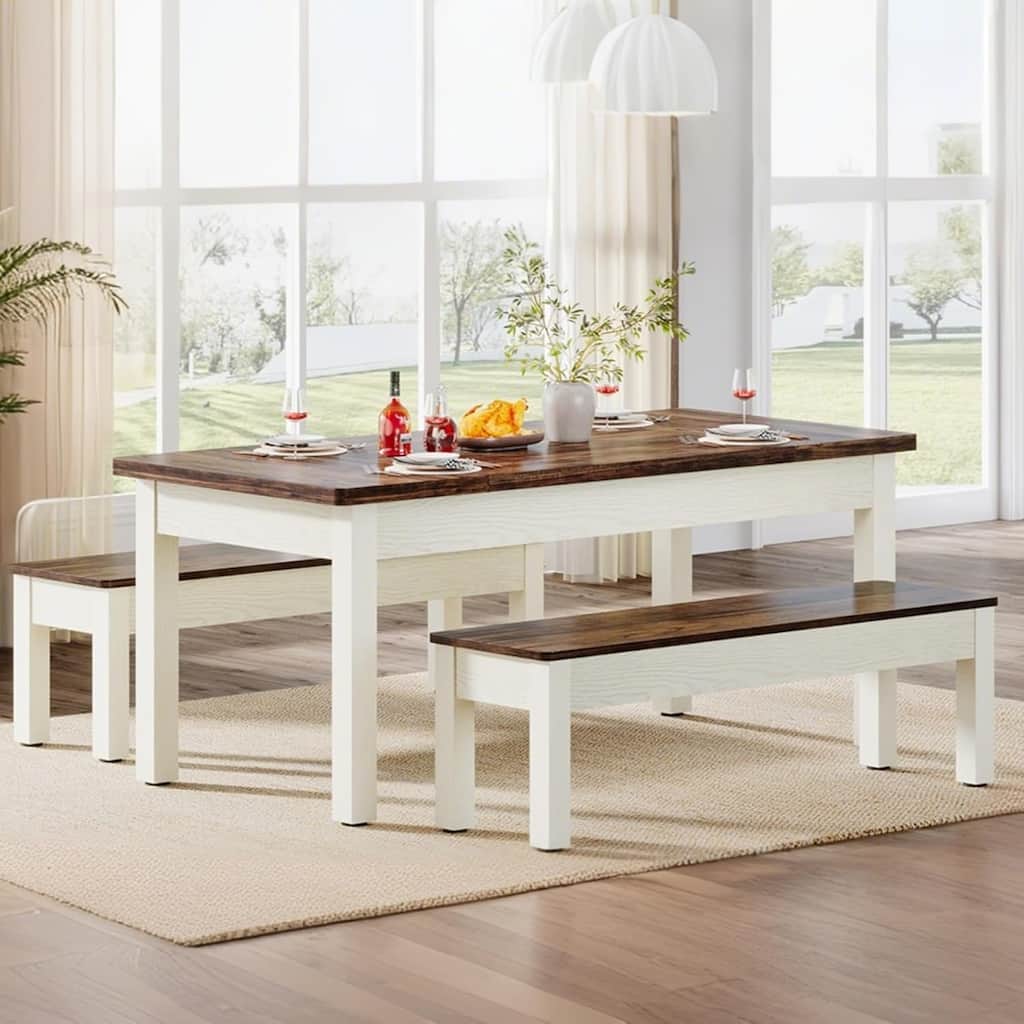 55-Inch Farmhouse Kitchen Table Set, Wood Dining Table with 2 Benches
