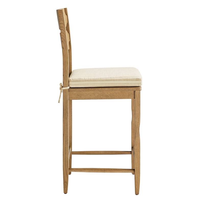 Jax Oak Wood Counter Stool With Wavy Razor Back and Cushion