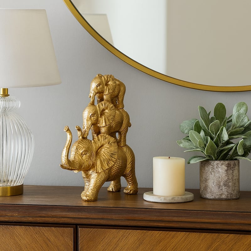 Resin Stacked Raised Trunk Elephants Figurine - Gold, 10" - Gold/ Metallic - 10.0"