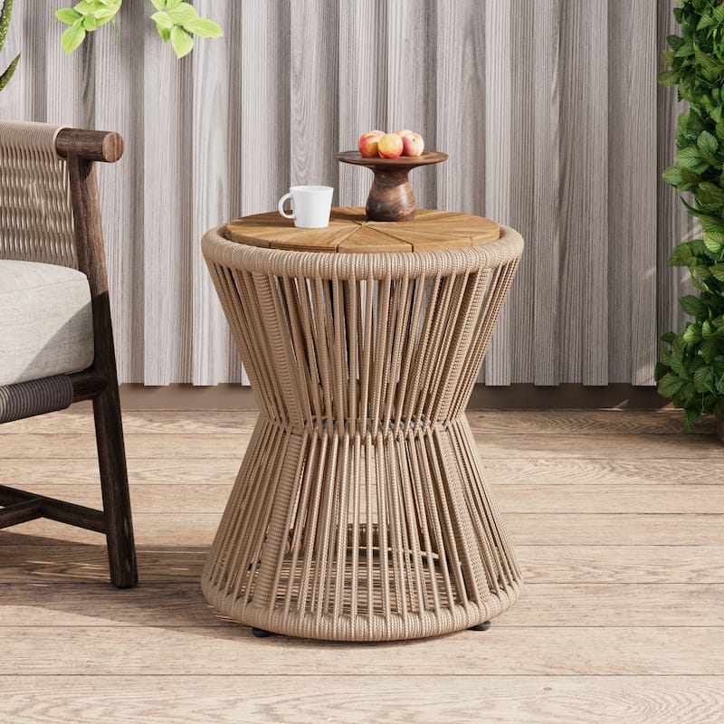 Scott Living - Nara 18.9"H Modern Outdoor Acacia Wood and Woven Rope Side Table, Tapered Cylindrical Silhouettes Design - Beige,Light Teak finish