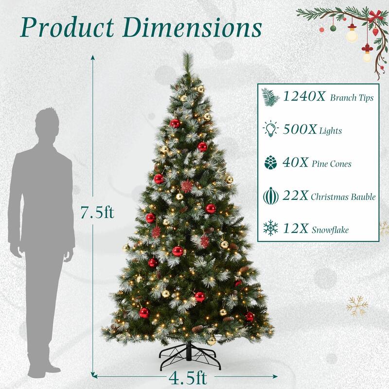 EROMMY 7.5ft Pre-lit Christmas Tree with 500 Lights, Snow-Flocked Artificial Tree with Pine Cones and Ornaments
