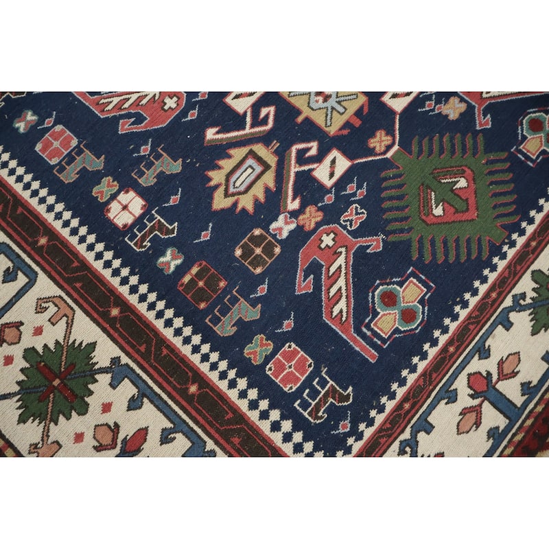 Hand Woven Oriental 100% Wool Carpet Traditional Geometric Navy Blue & Blues Sumak Area Rug - 14' 0'' X 10' 6''