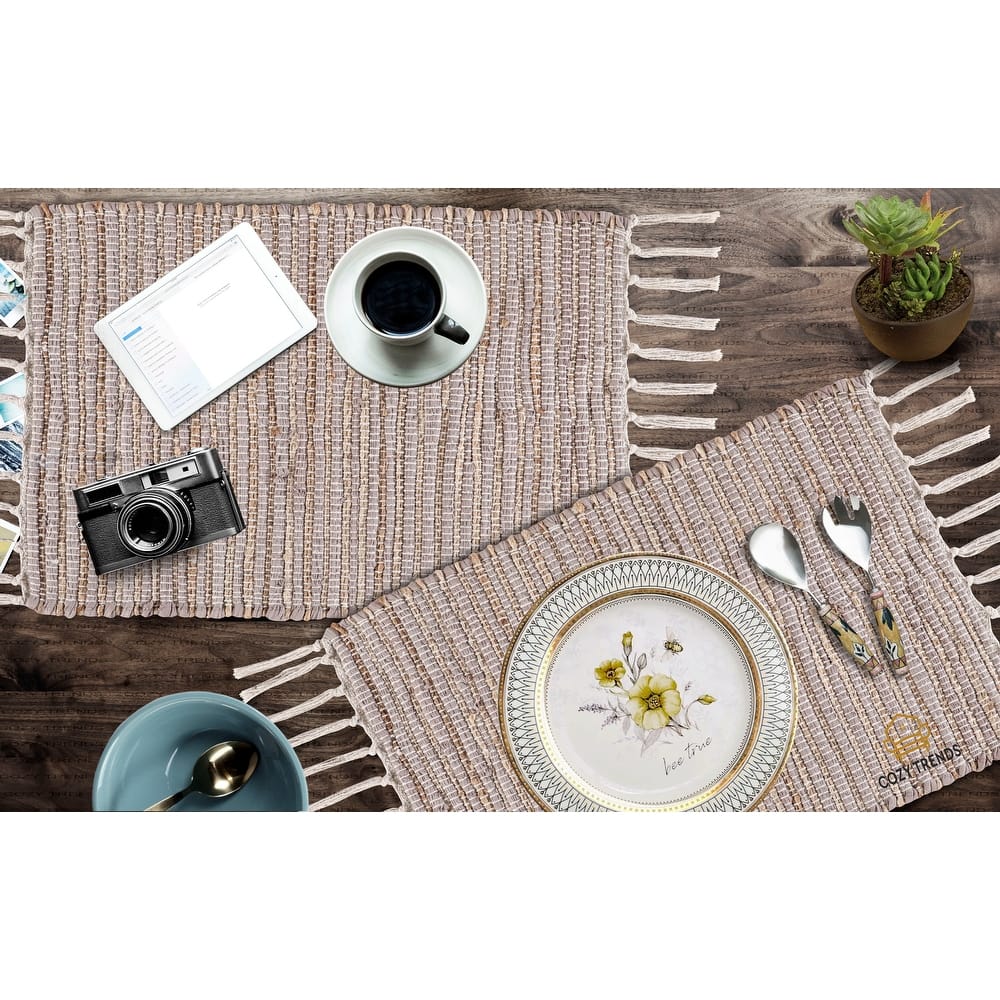 100% Cotton Woven Placemats for Dining Room - Rectangle 14''x20'' with Fringes - Set of 2 - Washable