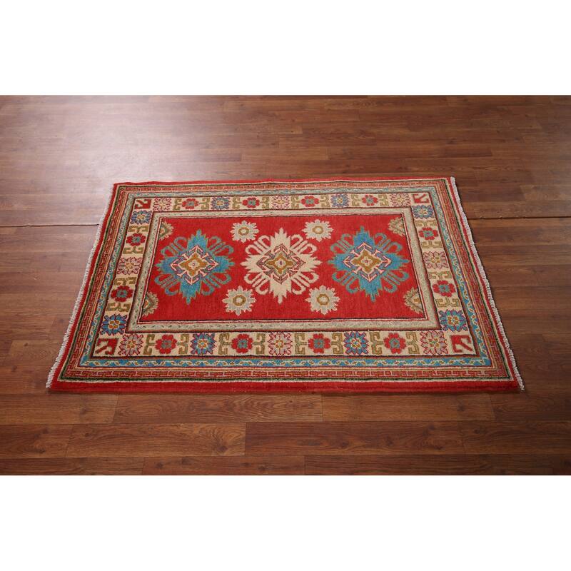 Red Kazak Foyer Rug Handmade Geometric Red Wool Carpet - 2'9" x 4'2"