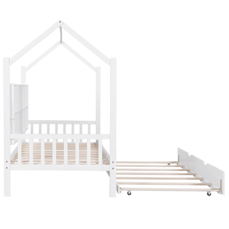 White Twin Size House Bed with Trundle and Shelf for Kids, Space-Saving Design, Semi-Enclosed Play Area