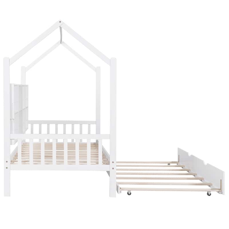 Wooden House Bed with Trundle and Shelf