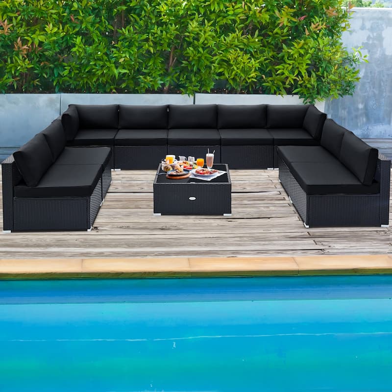 10 Piece Outdoor Wicker Conversation Set with Seat and Back Cushions - 29" x 25" x 25"