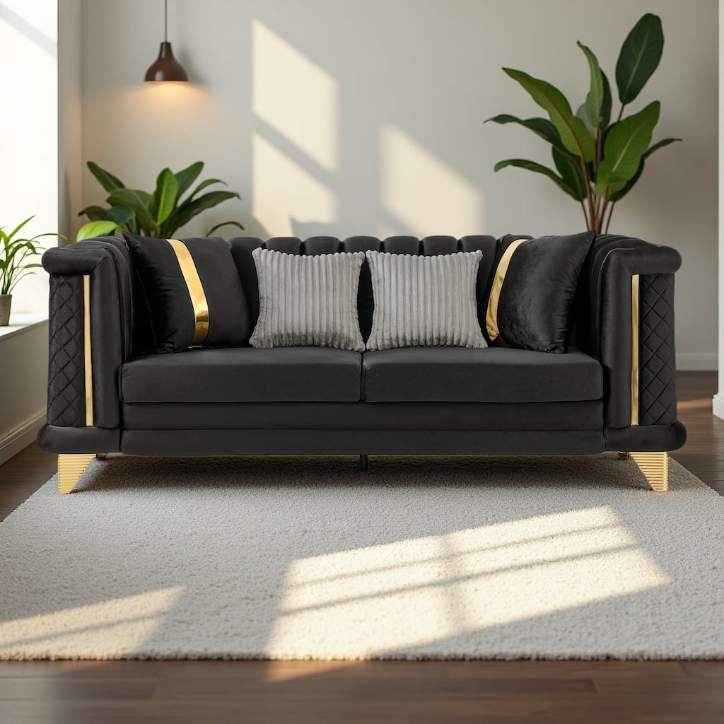 89" Velvet Luxury 3-Seater Sofa and Mid-Century Modern Tufted Couch with Gold Trims and 4 Premium Pillows