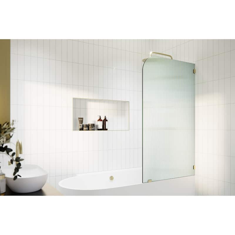Aurora 58.25" x 34" Frameless Bath Shower Door - Single Fixed Panel Fluted Frosted Radius Right Hand - Satin Brass