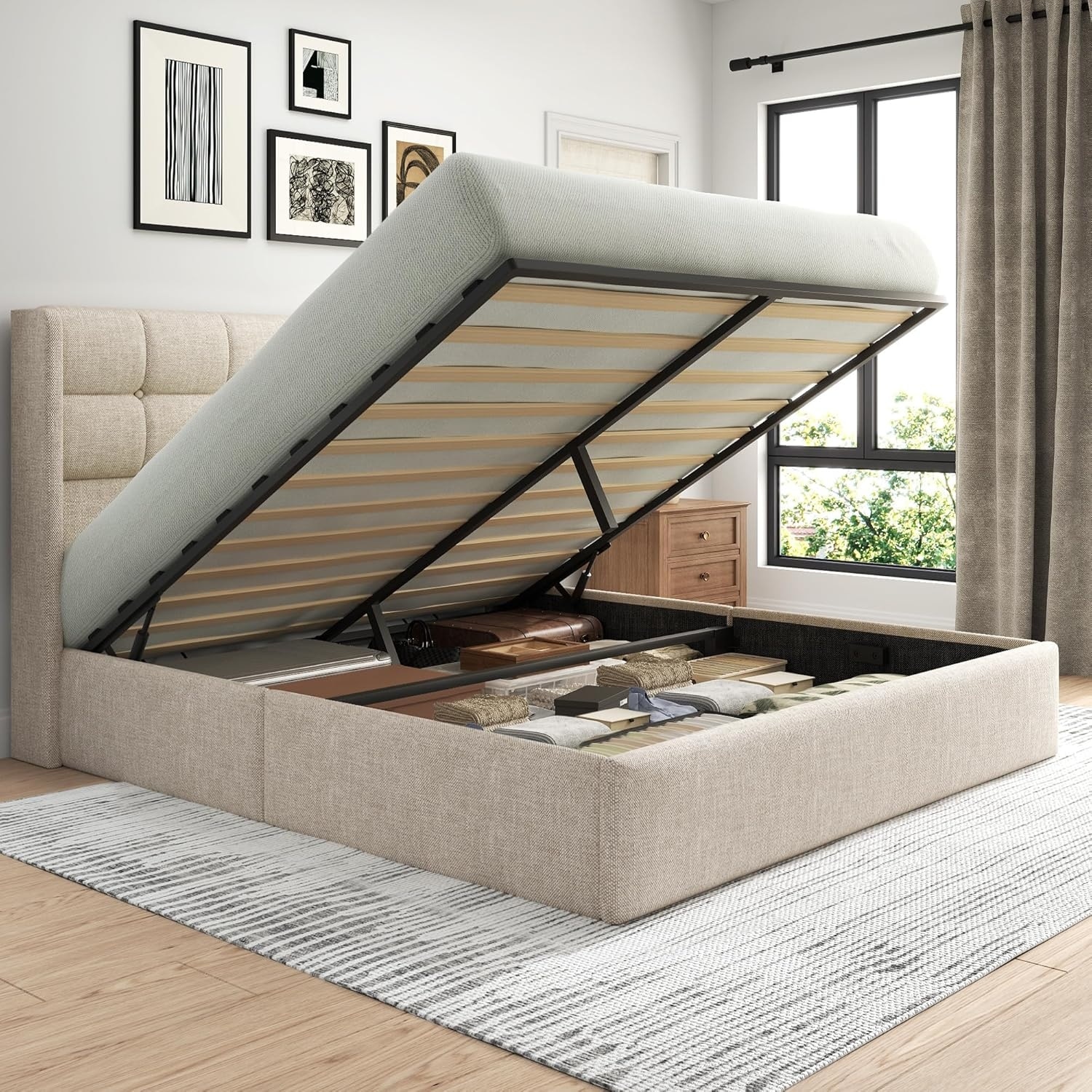 Queen Size Lift Up Storage Bed Frame with Wingback Headboard, Hydraulic Storage Base, Noise Free, Beige