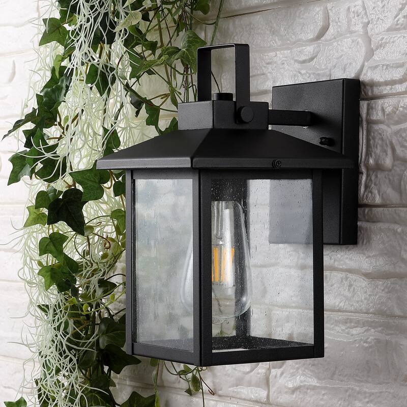 Cadiz 6.75" 1-Light Iron/Seeded Glass Rustic Traditional Lantern LED Outdoor Lantern, Black (Set of 2) by JONATHAN Y