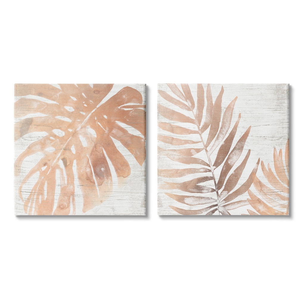 Stupell Orange Palm Leaves over Rustic Distressed Pattern, 2pc Multi Piece Canvas Wall Art Set