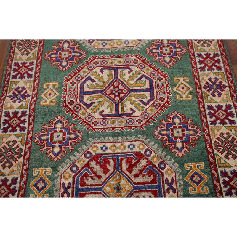 Traditional Green Kazak Accent Rug Hand-Knotted Wool Carpet - 3'5" x 4'11"