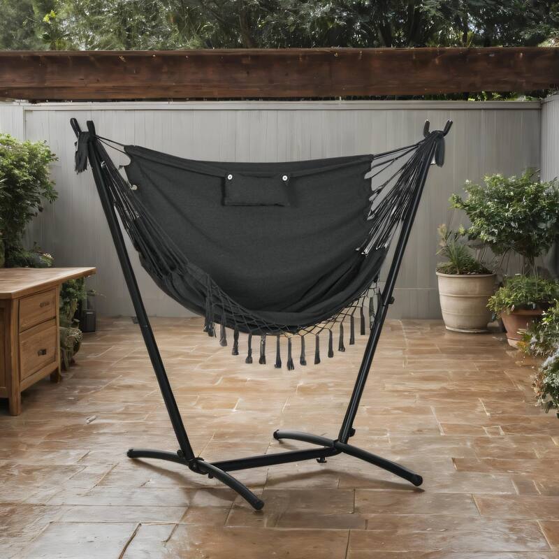 Patio Hammock Hanging Swing with Stand,Side Pocket and Headrest - Dark Gray