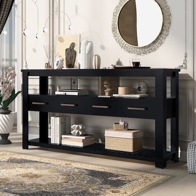 2-Tier Console Table Sofa Table with 4 Drawers and 2 Shelves, Accent Table Hallway Tables with vintage Aluminum Handle