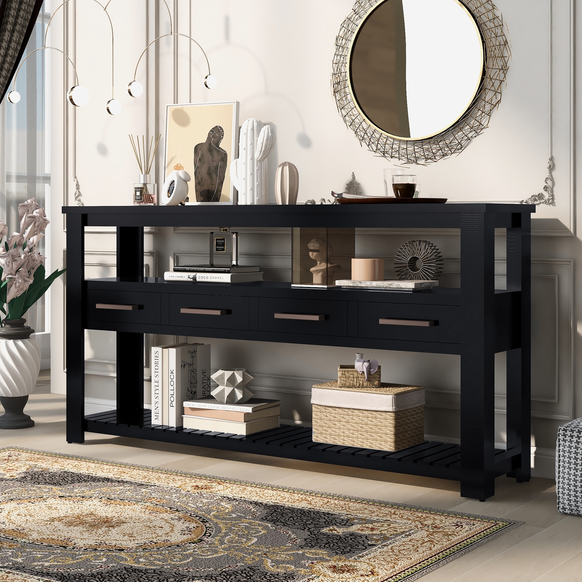 Entryway Table with 4 Drawers,Painted Console Table with 3-Tier Open Shelves and Metal Handles