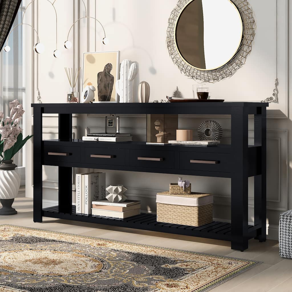 Roomfitters 61.5" Entryway Table with 4 Drawers, 3-Tier Console Sofa Table with Open Shelves for Hallway