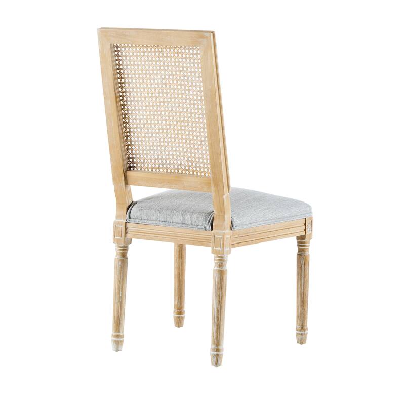 [Set of 2]Dining Chairs -Elegant Cane Backrest & Upholstered Seats with Fluted Legs -Rustic Weathered Finish -Rubberwood Frame