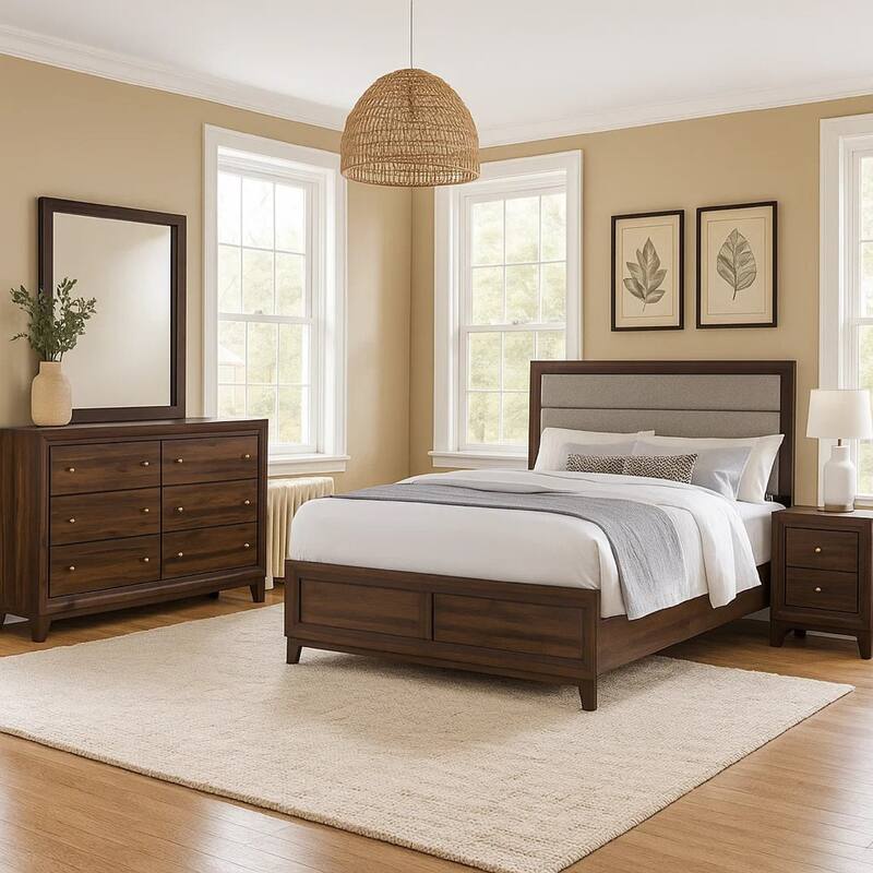 Yels 4 Piece Queen Bedroom Set, Gray Upholstery, Walnut Brown Wood