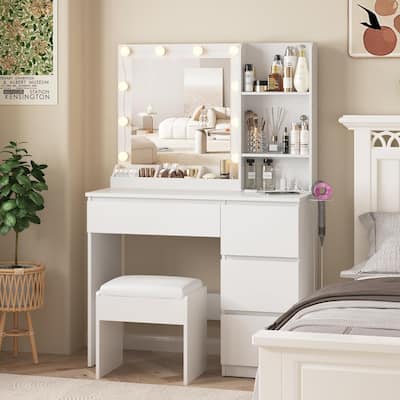 Makeup Vanity Desk Set with Mirror & Light,Storage Lots with Power Strip,3 Lighting Modes with Adjustable Brightness,37 Inches