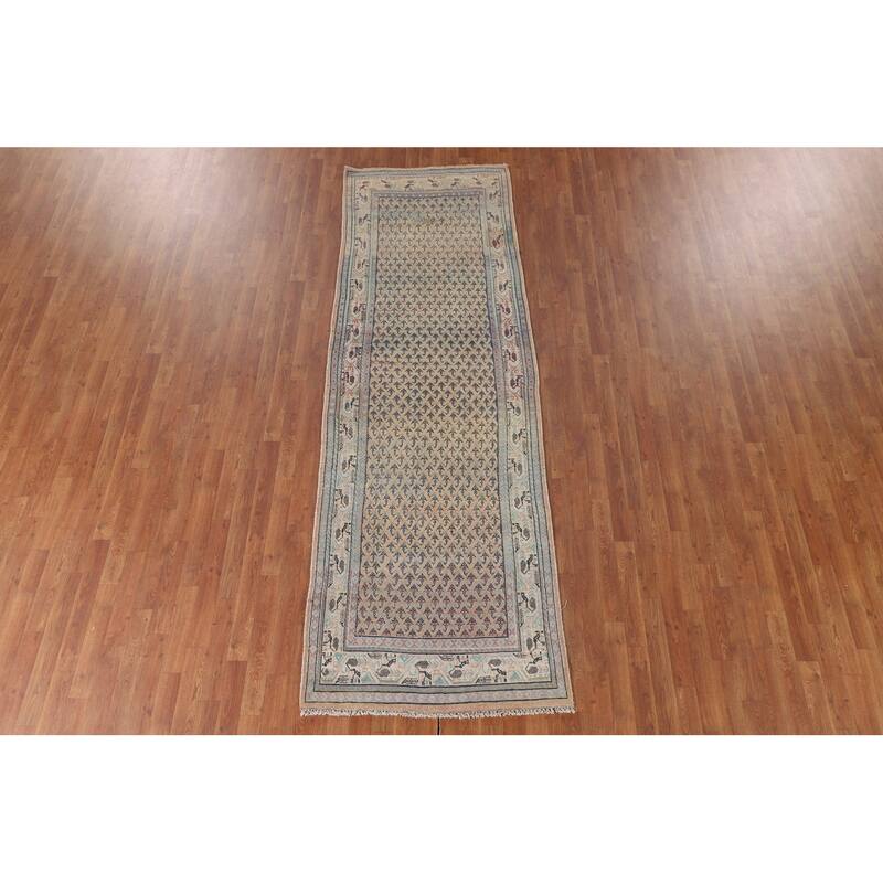 Geometric Botemir Persian Vintage Runner Rug Handmade Wool Carpet - 3'5" x 10'2"