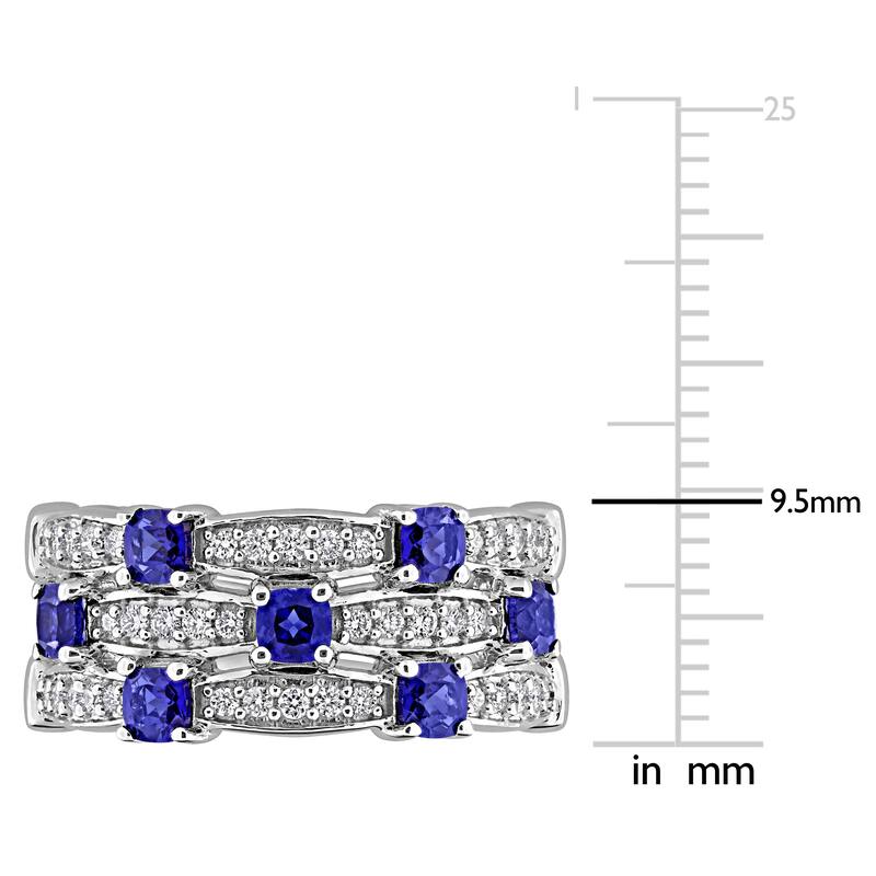 Miadora 1ct TGW Created Blue Sapphire 1/3ct TW Lab-Grown Diamond 3-Row Ring in Sterling Silver