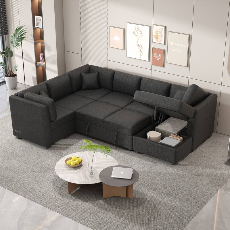 108.6" U-shaped Sectional Sofa Pull out Sofa Bed with Two USB Ports, Two Power Sockets, Three Back Pillows and a Storage Chaise
