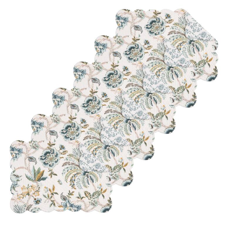 Braganza Teal Vintage Floral Flower Design Placemats Set of 6, 13" x 19"