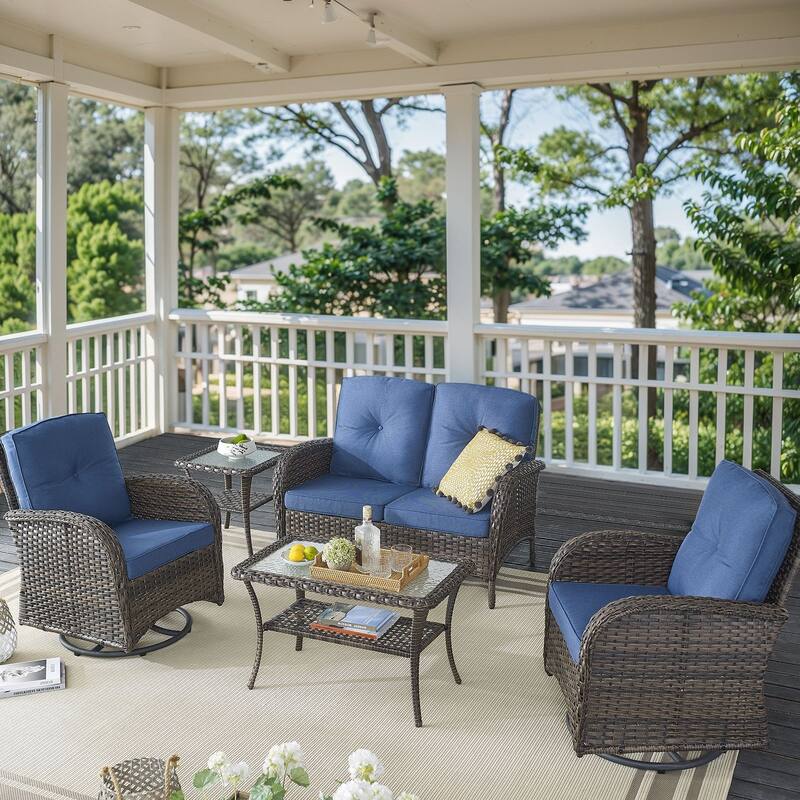Outdoor Swivel Chairs Table with Loveseat Sofa-Blue - Brown - Brown - Blue