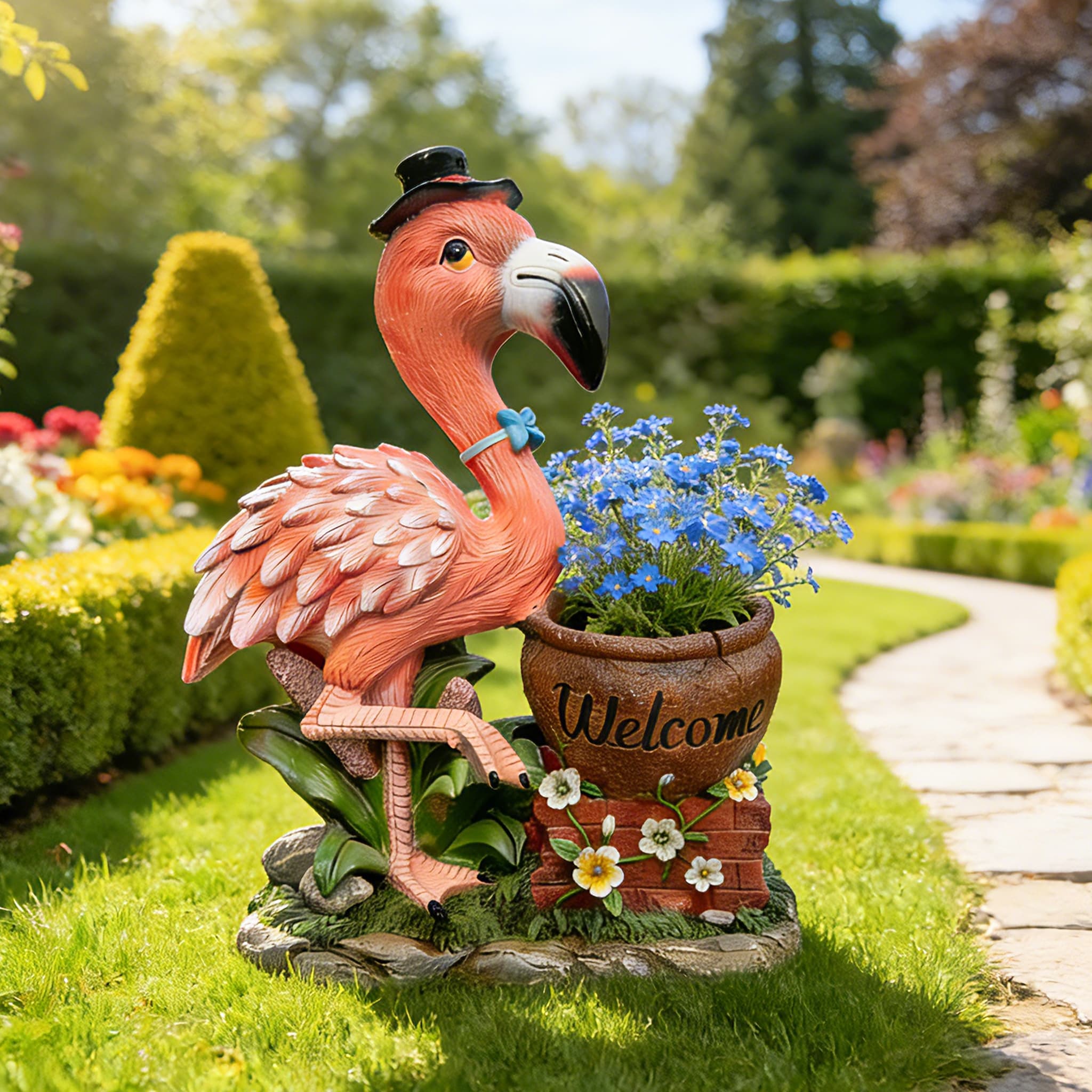 Outdoor Garden Sculpture Flamingo Flower Pot Planter - Unique Yard Statue Decoration, Interesting Law Outdoor Ornament