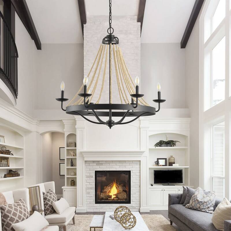 6-Lights Farmhouse Wood Bead Candle Chandelier - 32"D×4.7"W×96"H（Adjustable）