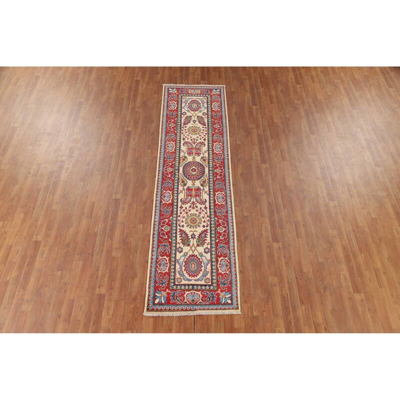 Beige Floral Kazak Oriental Runner Rug Hand-Knotted Wool Carpet - 2'9" x 10'0"