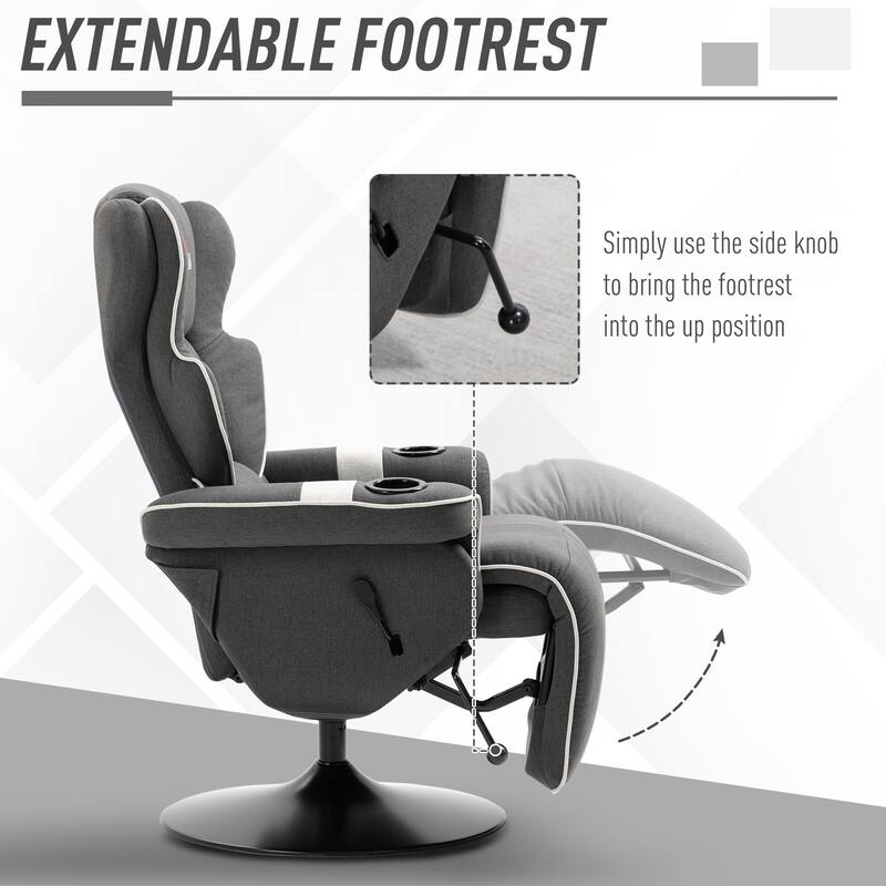 Swivel Recliner Chair with Linen Upholstery, Manual Lounge Armchair with Footrest & Dual Cup Holders for Living Room