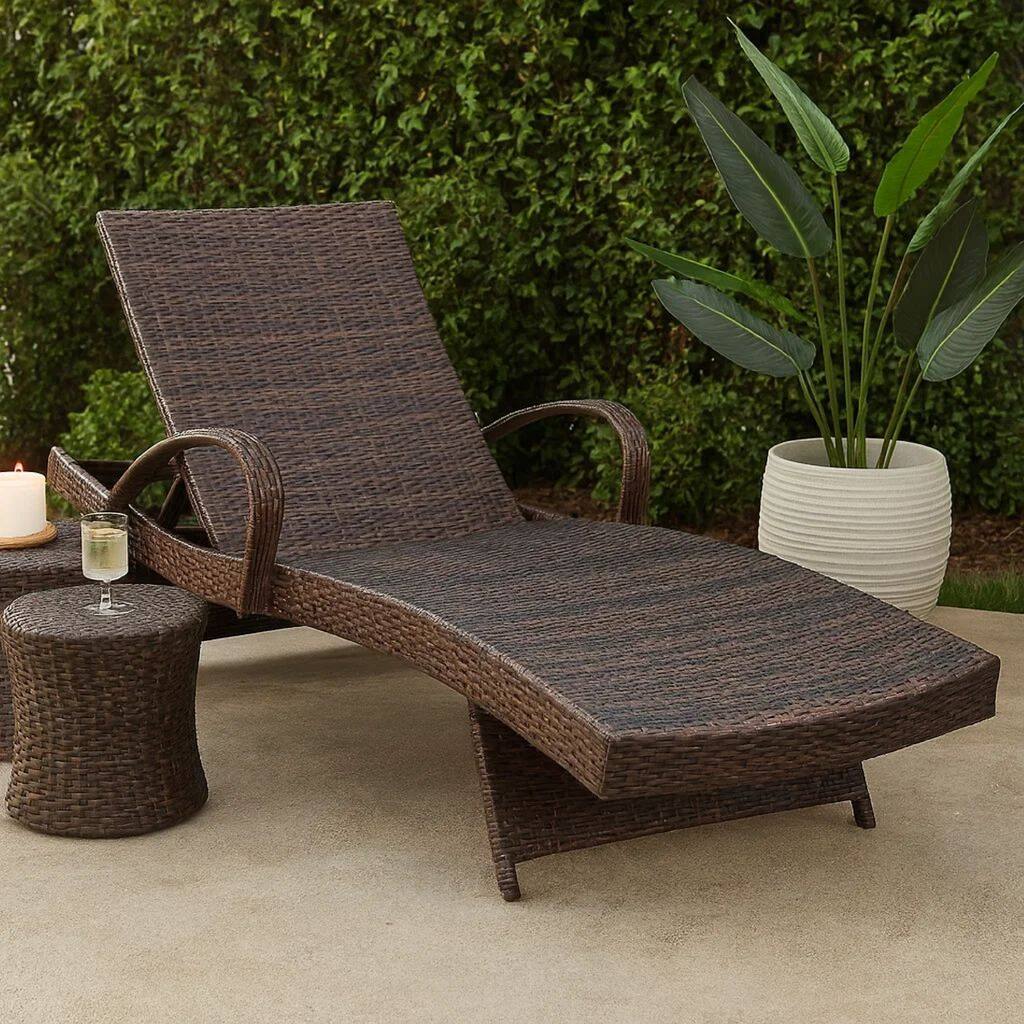 Reclining Chaise Lounge with Wicker Frame, Set of 2, Brown