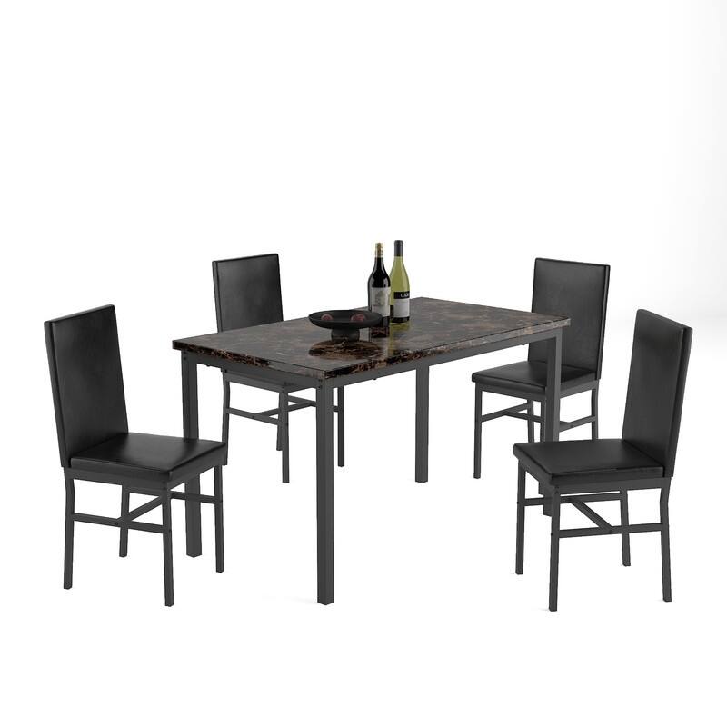 Grondin Modern Contemporary 5 Pieces Dining Table Set with Faux Marble Top and 4 PU Leather Upholstered Chairs