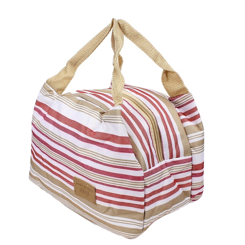 Canvas Picnic Lunch Drink Thermal Insulated Cooler Tote Storage Bag Brown Stripe - White,Fuchsia