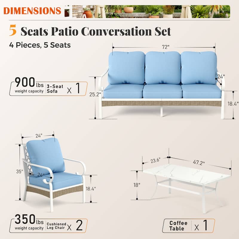 MAISON ARTS 5-Seat Patio Furniture Set, 2 x Cushioned Metal Chair, 1 x 3-Seat Sofa with Marbling Coffee Table