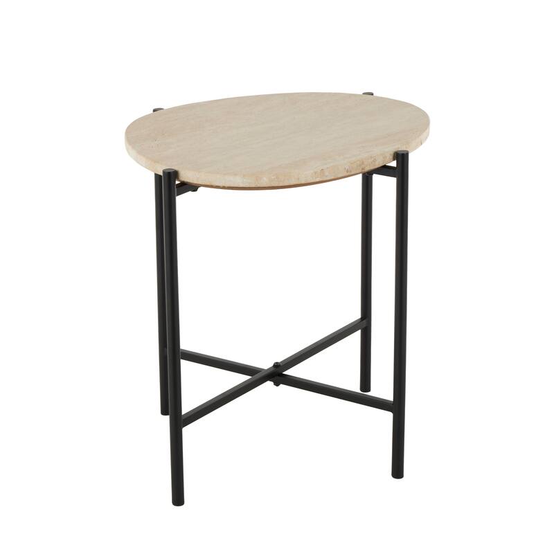 Beige Marble Side End Accent Table with Black Metal Support