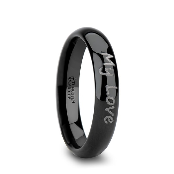 THORSTEN - Handwritten Engraved Domed Black Tungsten Ring Polished - 4mm