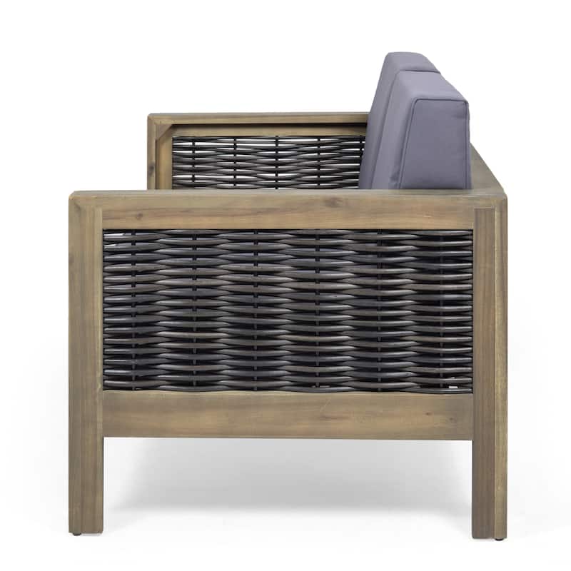 Linwood Acacia Wood and Wicker Outdoor Loveseat and Coffee Table Set with Cushions by Christopher Knight Home