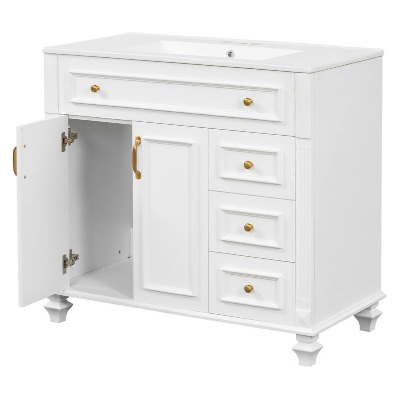 36" Bathroom Vanity with Ceramic Sink, Freestanding Bathroom Vanity Cabinet with Flip-Out Drawer, 3 Drawers & 2 Soft-Close Doors