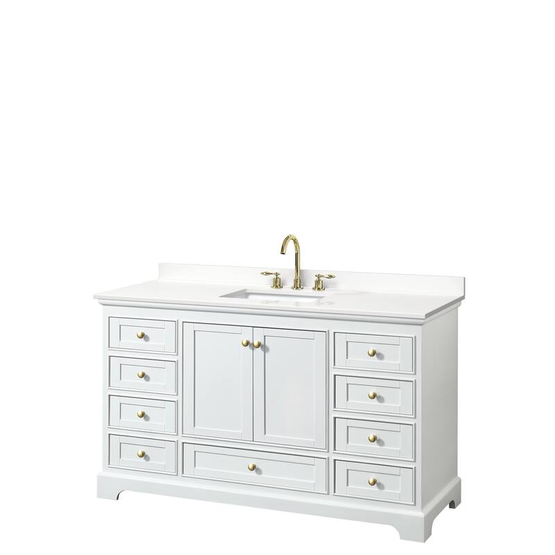 Deborah 60-inch Single Vanity, Quartz Top - White, Gold Trim, White Quartz Top